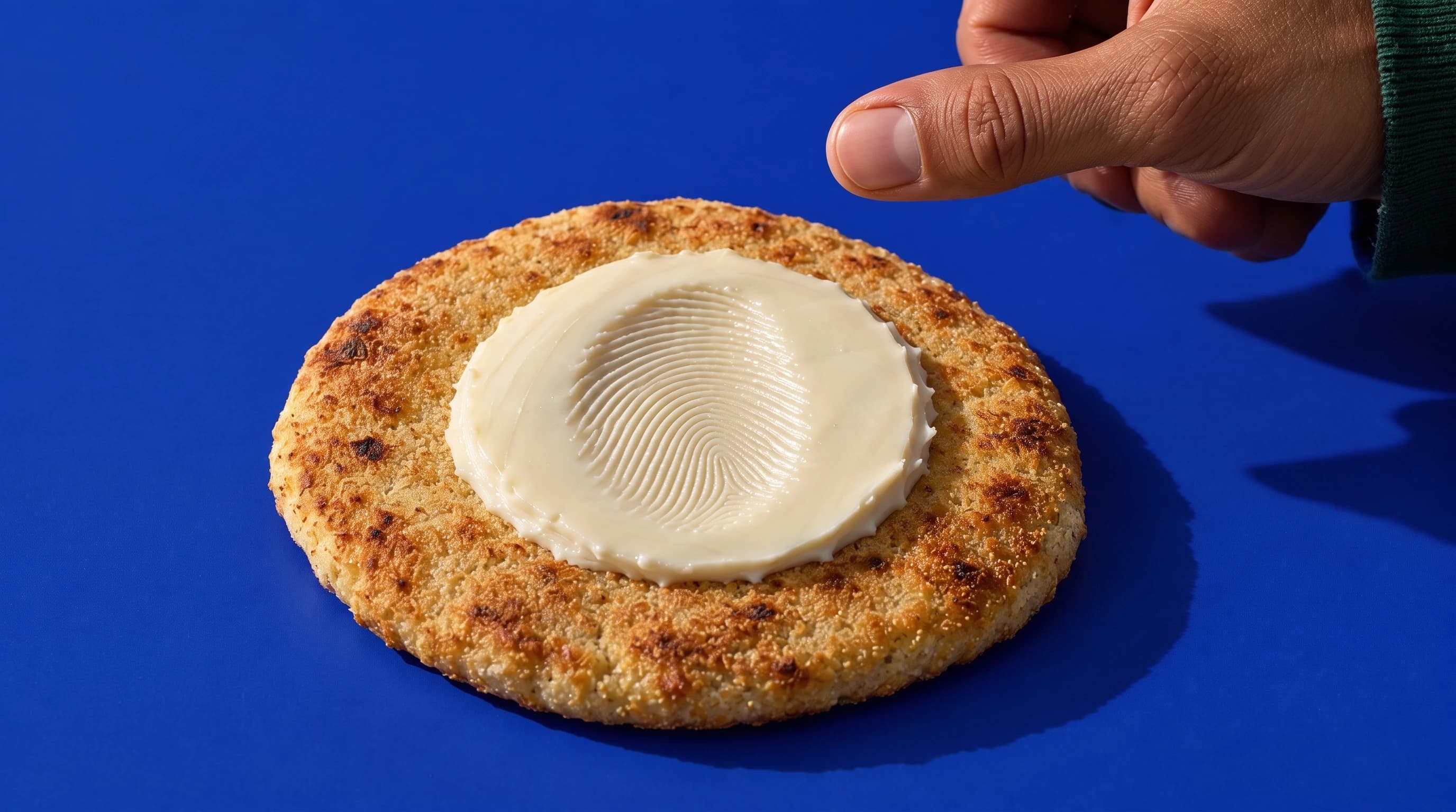 A golden flatbread spread with processed cheese on a blue ground; a thumbprint is left in the cheese.