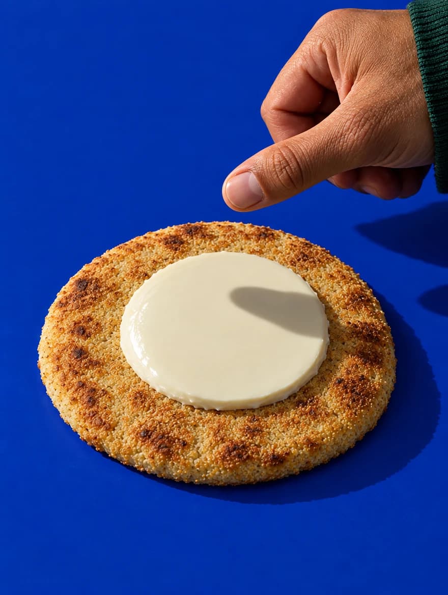 A finger approaches a golden flatbread topped with a disc of processed cheese on a blue ground; its shadow falls across the cheese.