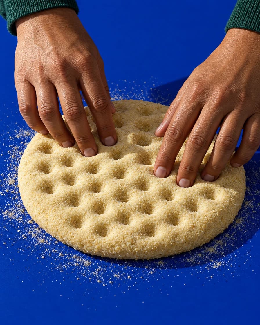 Two hands press fingertip dimples into a raw semolina flatbread on a blue ground dusted with semolina.