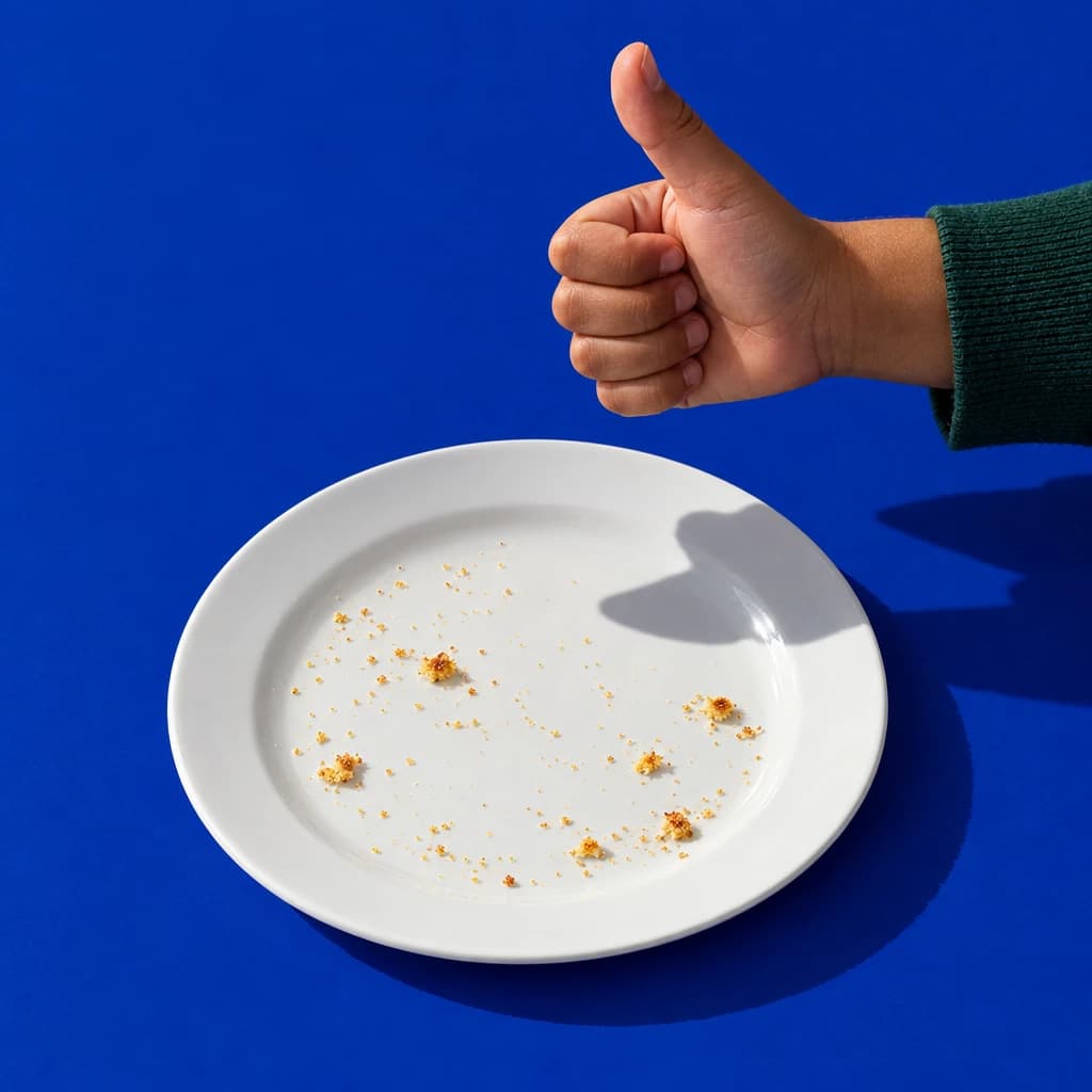 An empty white plate with a few crumbs left; above it, a hand gives a thumbs up, on a blue ground.