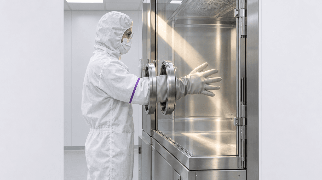 Un opérateur en combinaison stérile travaille par les gants d'une enceinte en inox, dans une salle blanche.