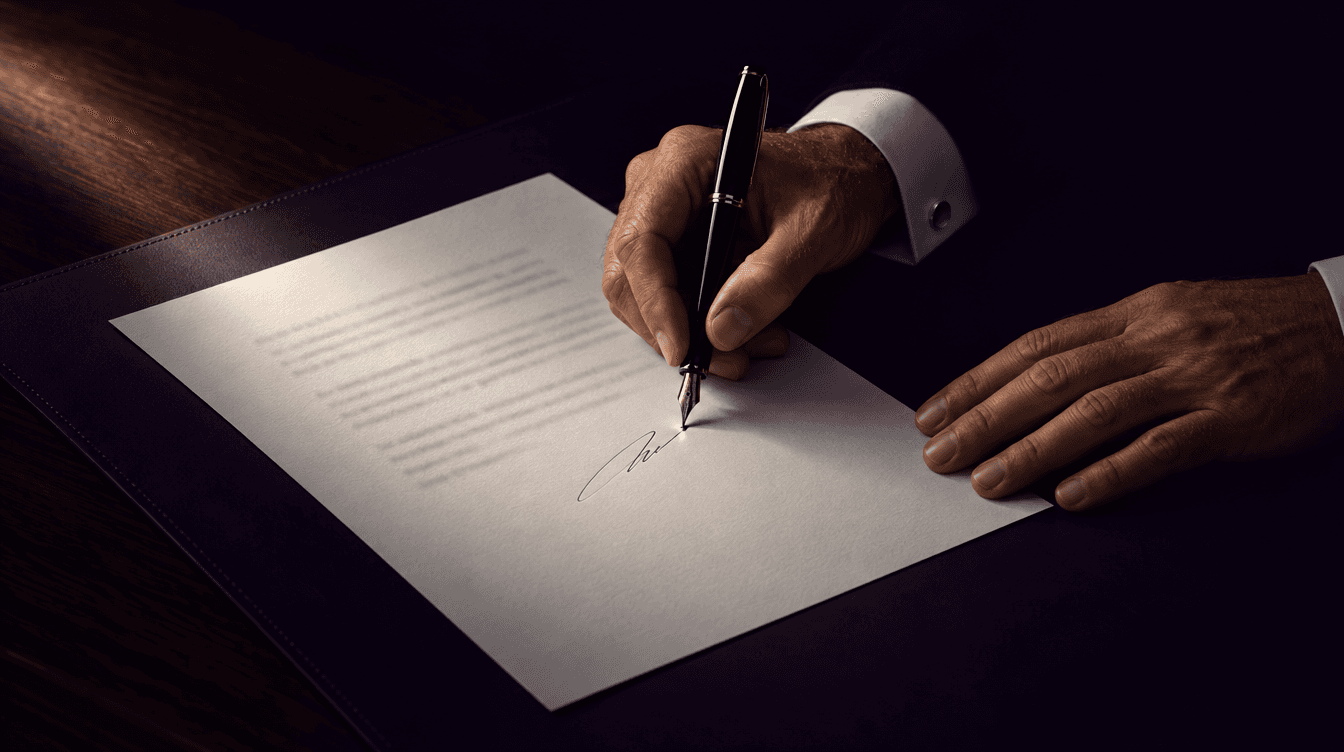 Une main signe un document au stylo plume sur un bureau sombre.