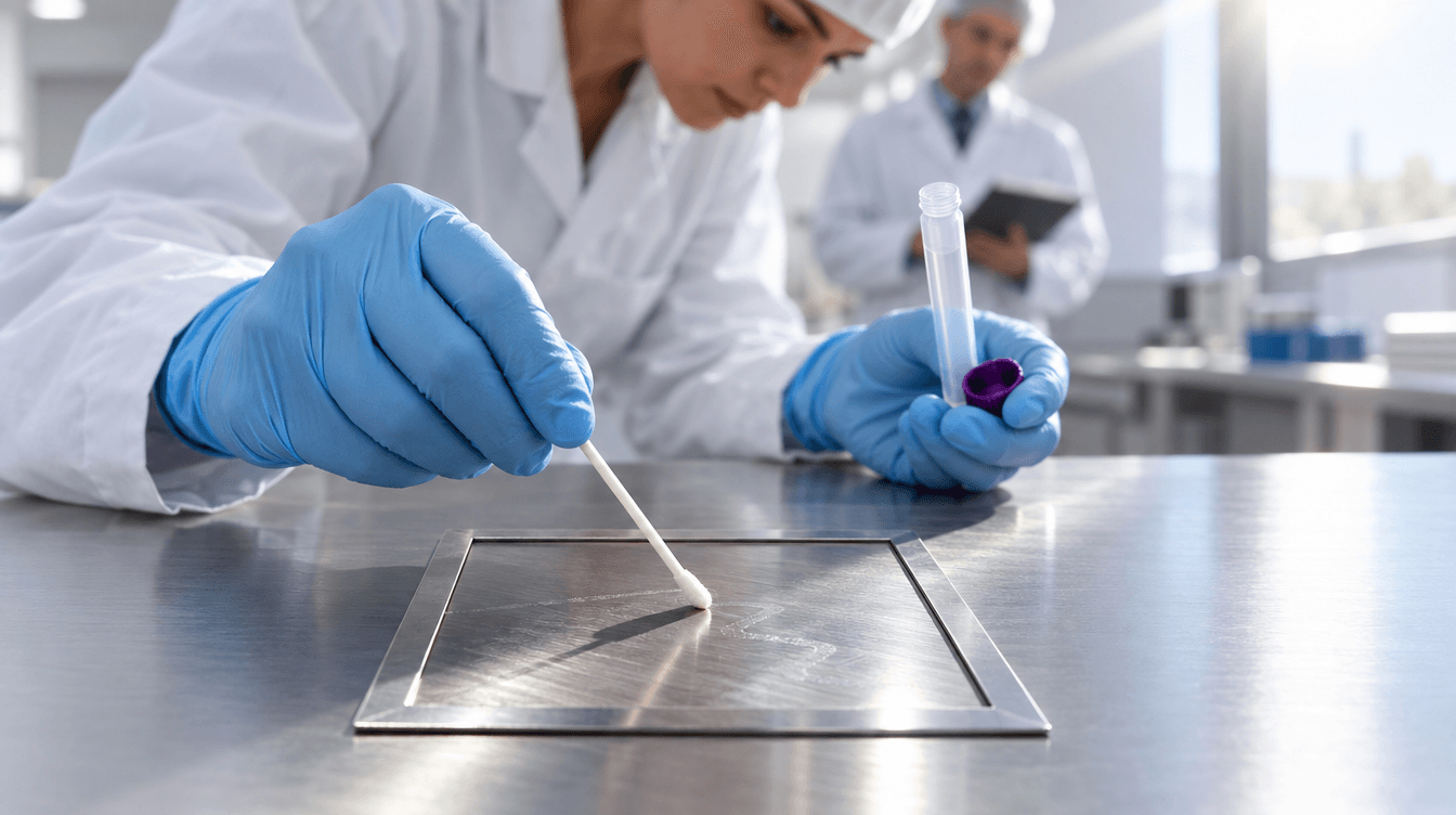Une technicienne gantée passe un écouvillon sur une surface en inox pour un contrôle d'hygiène.