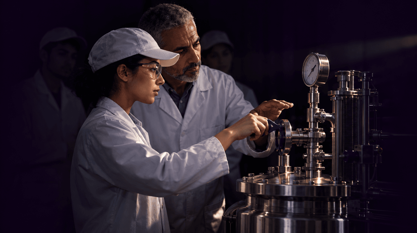 Un ingénieur montre à une jeune technicienne comment régler une vanne sur une installation en inox.
