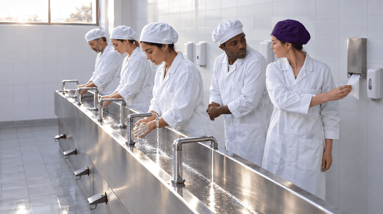 Des employés en blouse et charlotte se lavent les mains à un long lavabo en inox avant d'entrer en production.