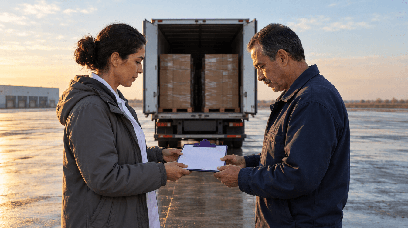 An employee and a driver exchange a document in front of a truck loaded with pallets at daybreak.