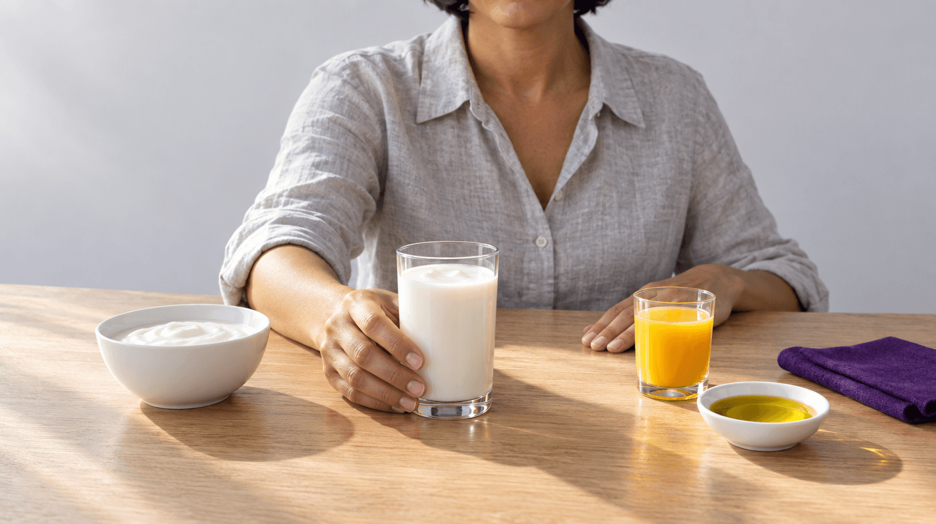 Une femme à table tient un verre de lait, devant un bol de yaourt, un verre de jus d'orange et une coupelle d'huile d'olive.