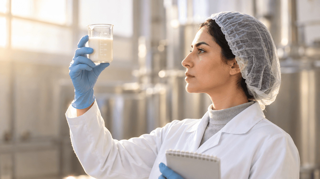 Une technicienne en blouse et charlotte examine un bécher de lait à contre-jour, devant les cuves de l'usine.