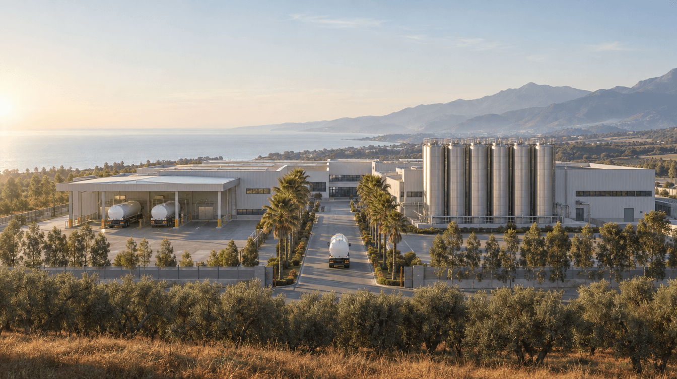 Le site industriel du groupe, ses silos et ses entrepôts, entre les oliviers, les montagnes et la mer, au lever du soleil.