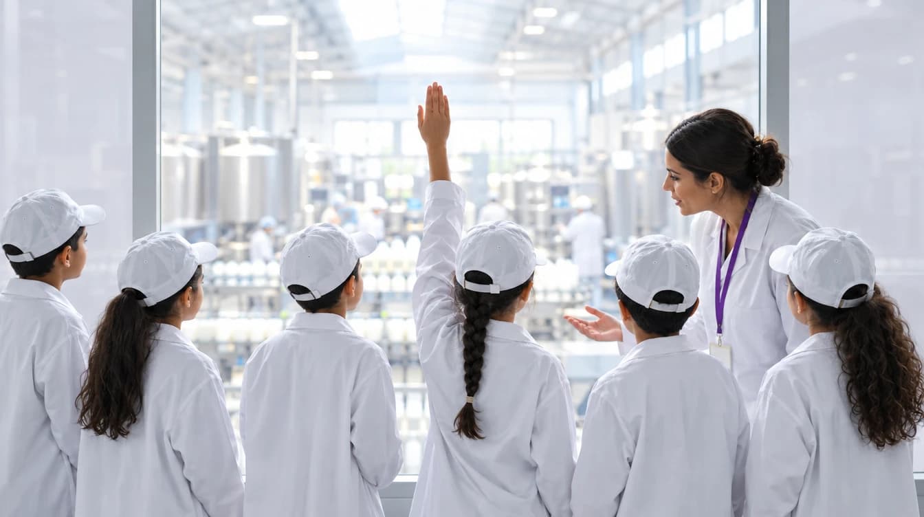Des enfants en blouse et casquette visitent l'usine ; l'une lève la main pour poser une question à la guide.